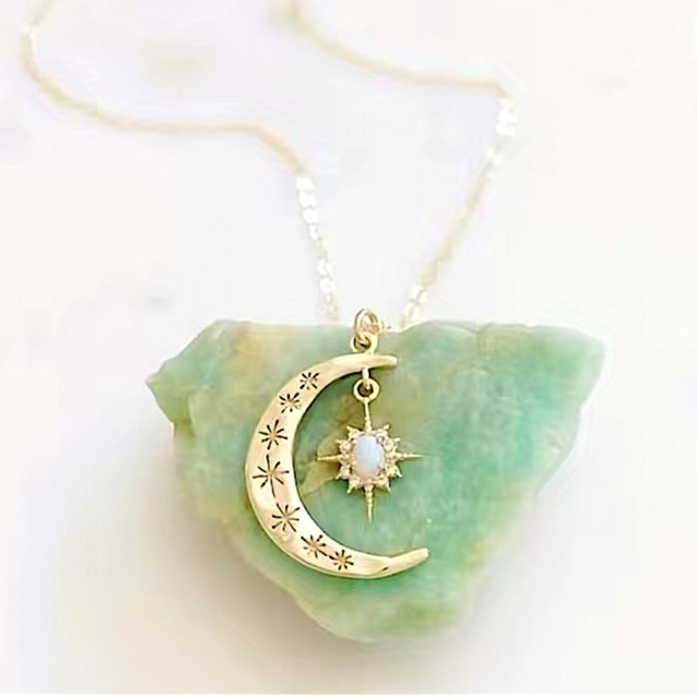 Crescent Moon, Opal Star, Dainty Aurora, Engraved Handmade Celestial Necklace